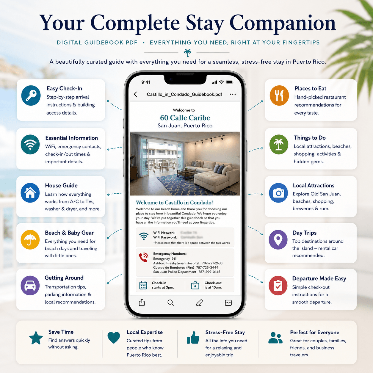 An anonymized Coquí Stays digital guest guidebook with property and local recommendations