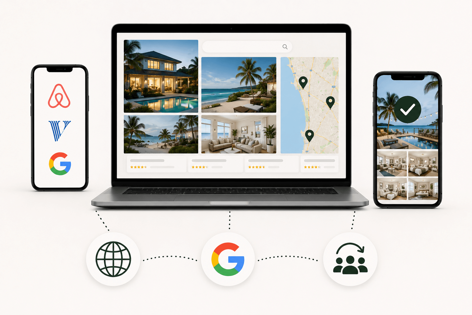Vacation rental distributed across Airbnb, VRBO, Google Vacation Rentals and direct booking